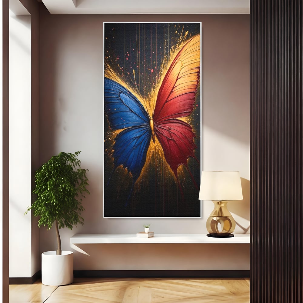 Tablou canvas cu tablou canvas cu fluture colorat, in rama de aluminiu argintiu